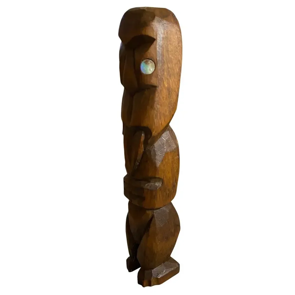 Vintage Maori Wood Carved Tiki Figure New Zealand Abalone Shell Eyes 8